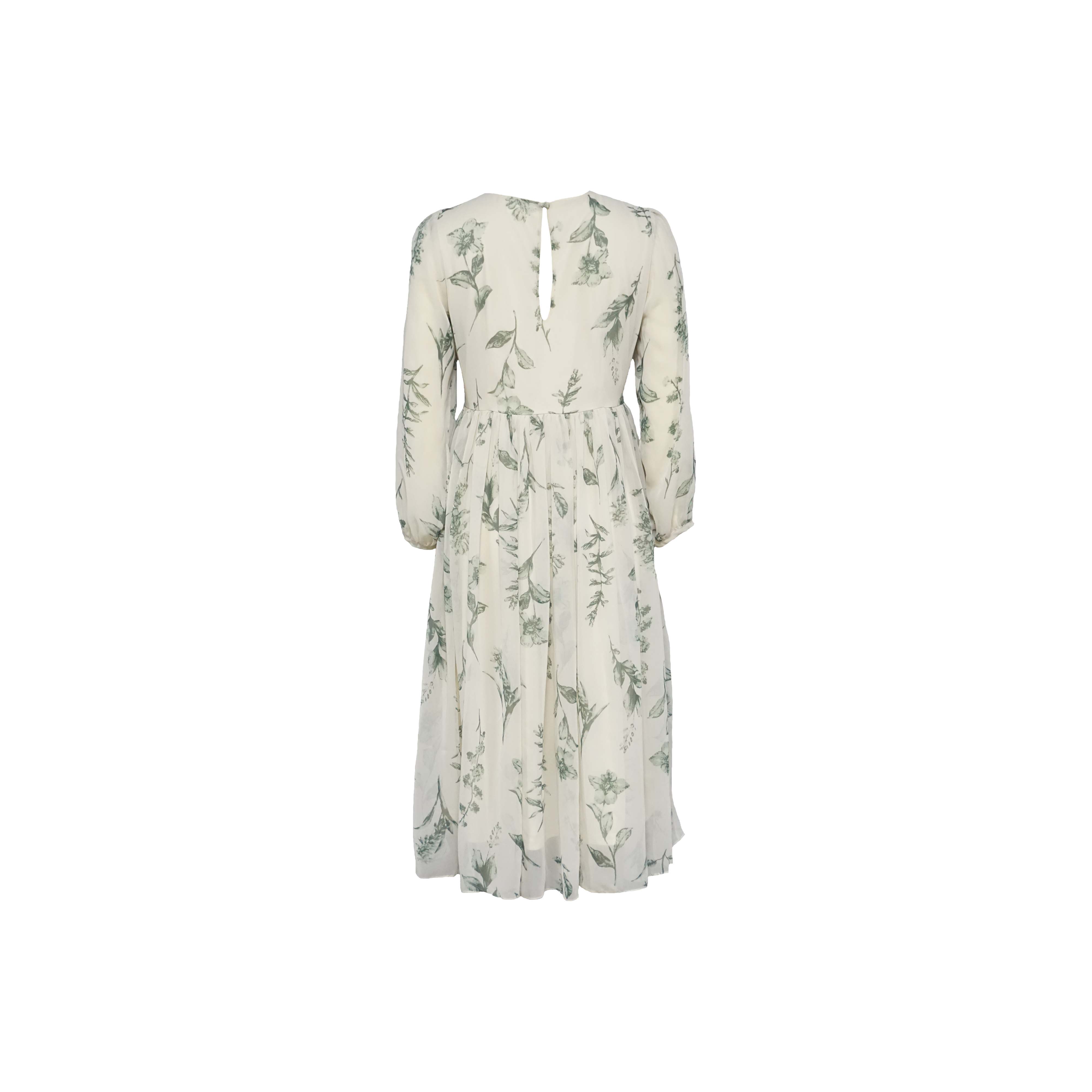 Chiffon round neck long-sleeved beaded floral leaf dress