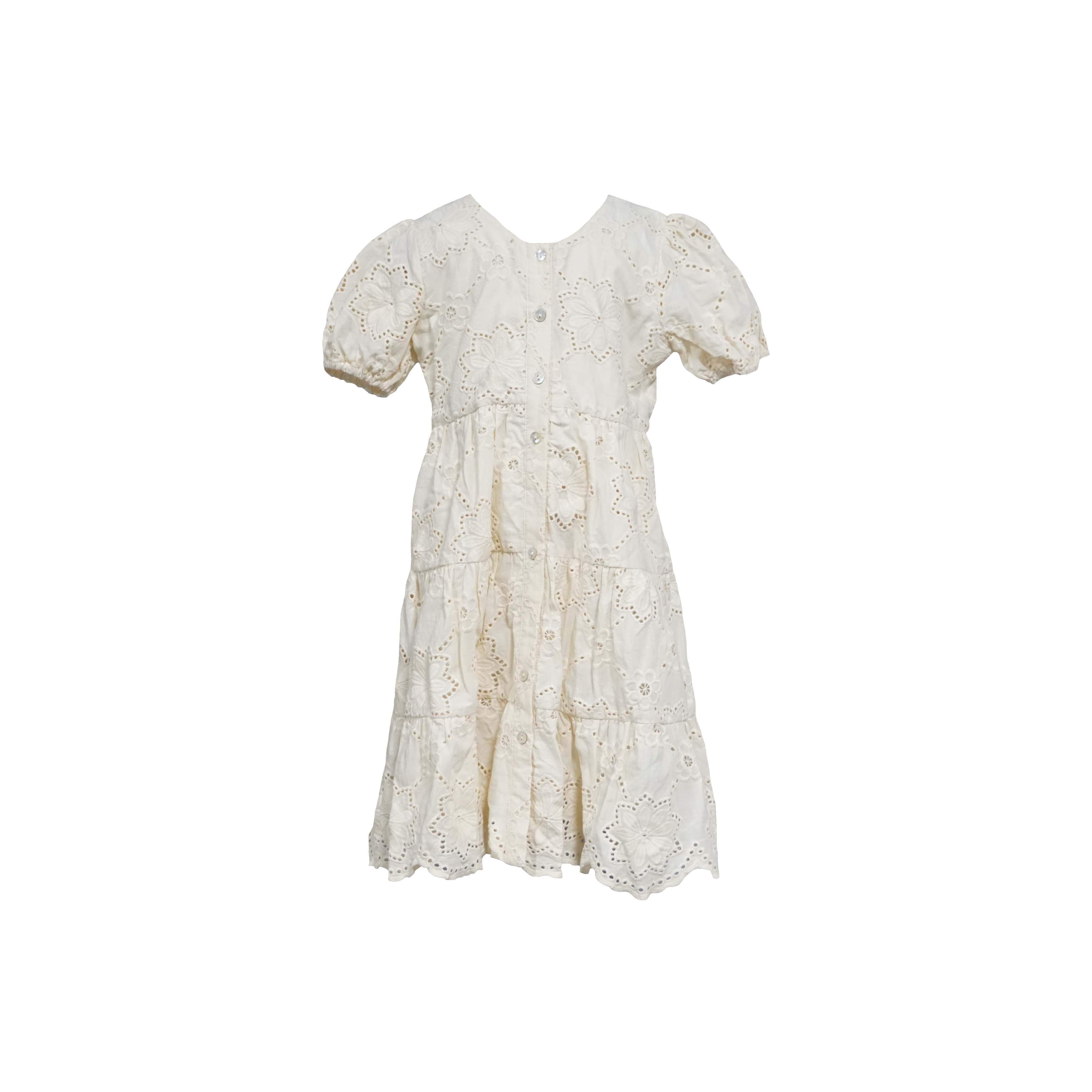 Cotton V-Neck Puff Sleeve Kid Dress