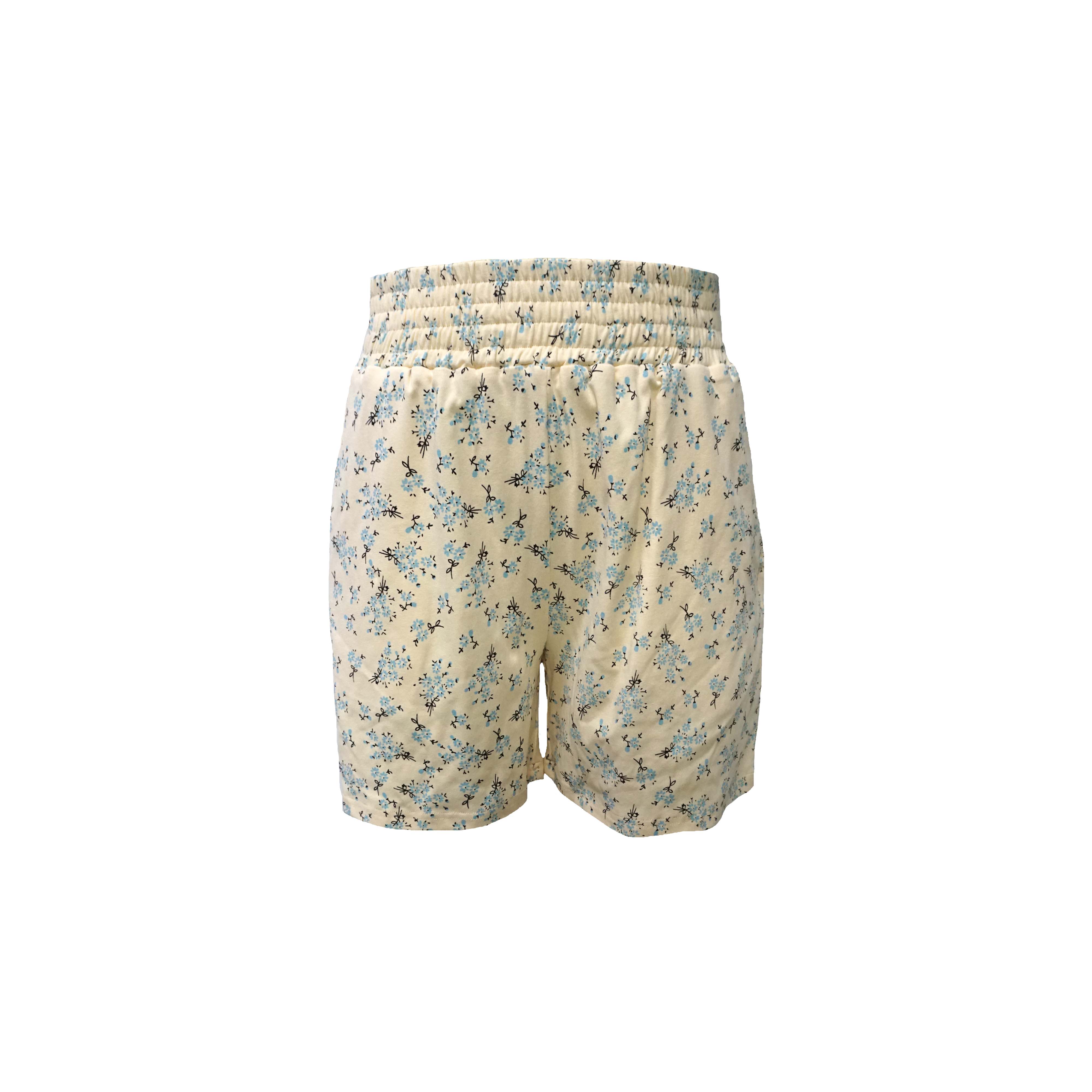 Cream Blue Floral Casual Shorts