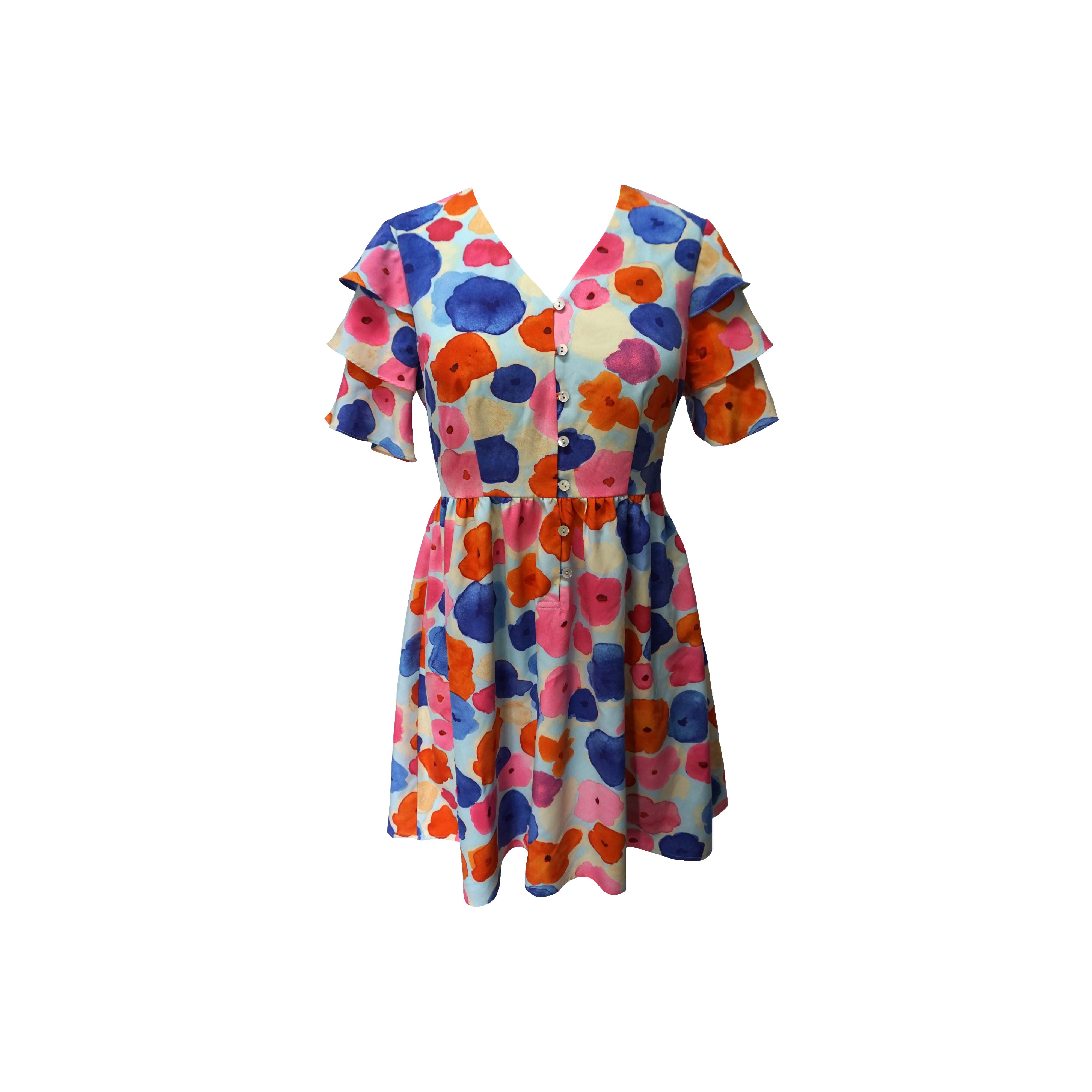 Layered  Ruffle Sleeve Colorful Flower Dress